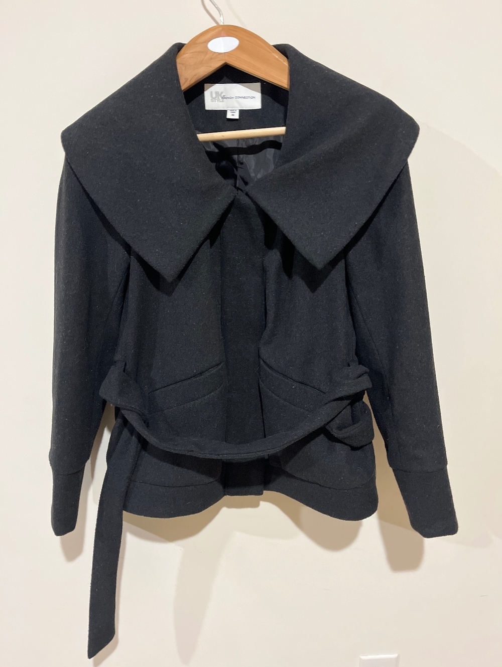 French Connection Women's Charcoal Utility Jacket Medium Wool Blend Belted Coat